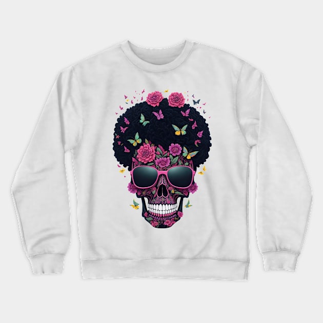 Funny Sugar Candy Skull With Sun Glasses and Afro Crewneck Sweatshirt by allovervintage